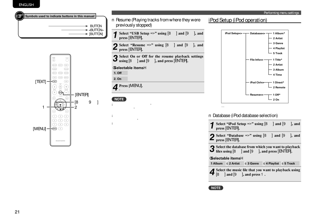 Marantz SA8004 manual IPod Setup iPod operation, NDatabase iPod database selection 