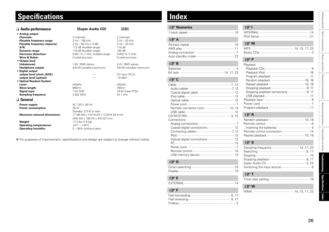 Marantz SA8004 manual Specifications, Index, Nn Audio performance, Nn General, Playback 