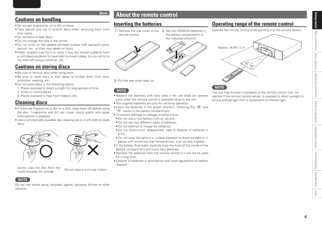 Marantz SA8004 About the remote control, Inserting the batteries, Operating range of the remote control, Cleaning discs 