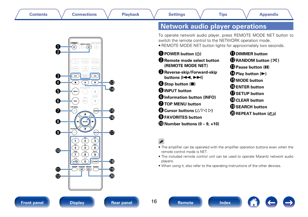 Marantz SA8005 appendix Network audio player operations, QPOWER button WRemote mode select button 