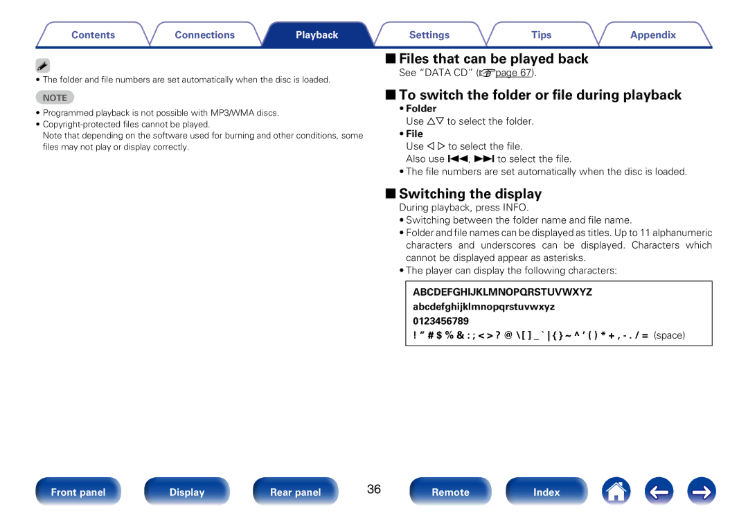 Marantz SA8005 appendix 22Files that can be played back, 22To switch the folder or file during playback, Folder 