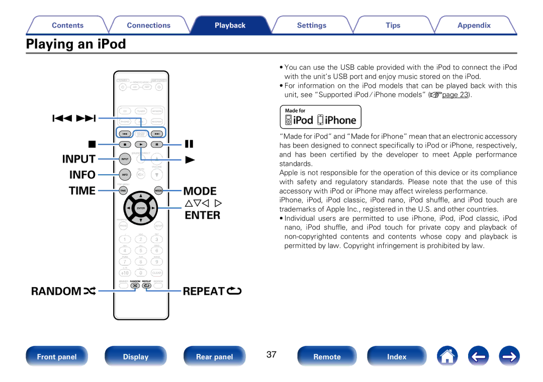 Marantz SA8005 appendix Playing an iPod, Input Info Time Mode 