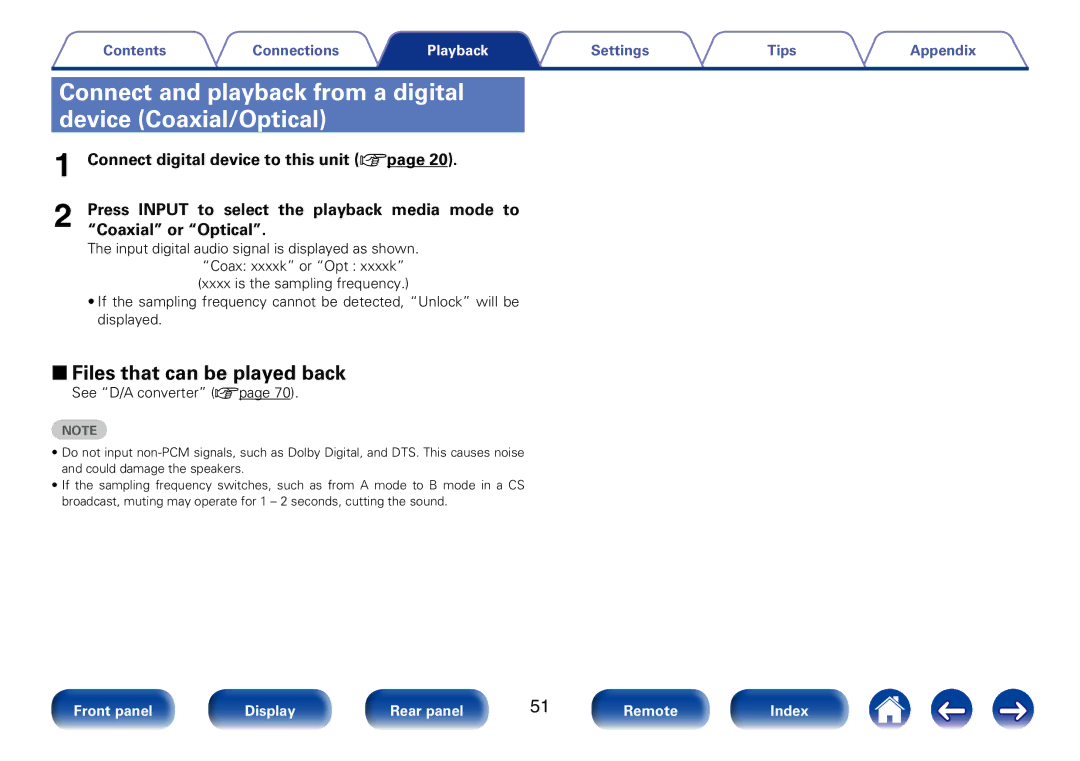 Marantz SA8005 appendix Connect and playback from a digital device Coaxial/Optical 