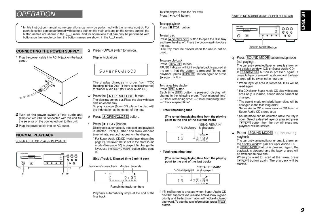 Marantz SA8400 manual Operation, Connecting the Power Supply, Normal Playback 