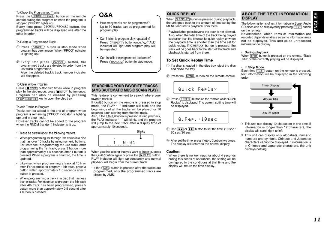 Marantz SA8400 manual Quick Replay, About the Text Information Display, During playback, Stop Mode 