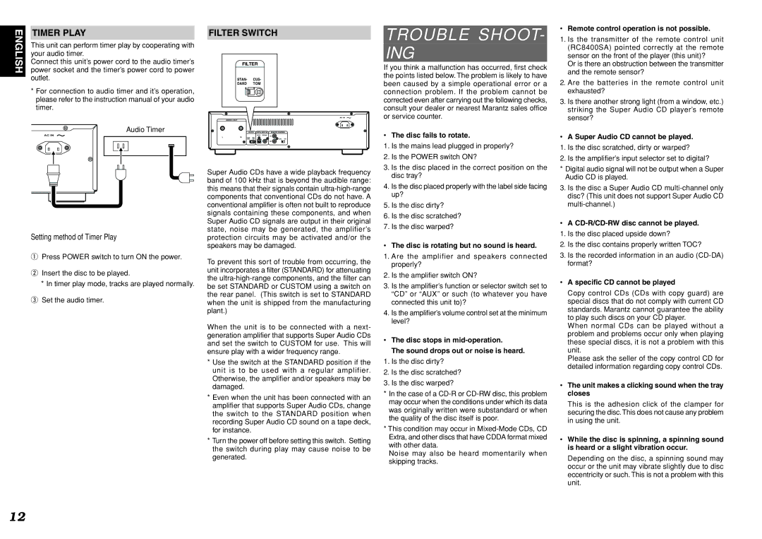 Marantz SA8400 manual Trouble Shoot ING, Timer Play, Filter Switch 