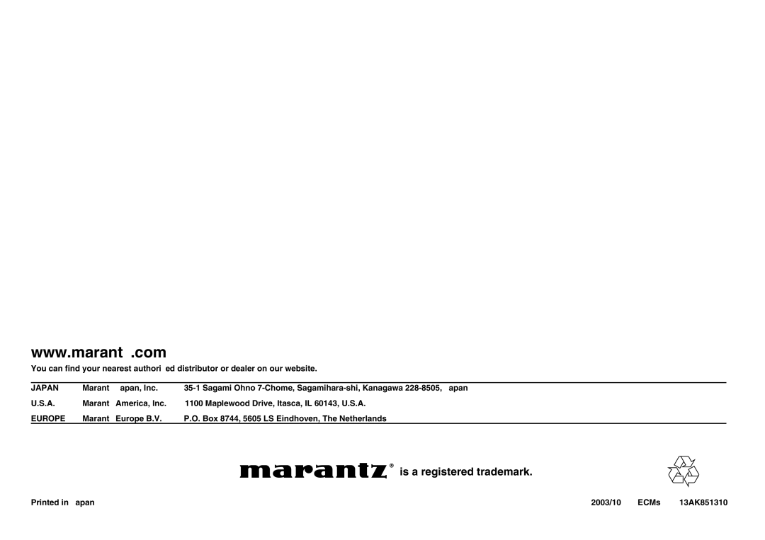 Marantz SA8400 manual Japan, 13AK851310 