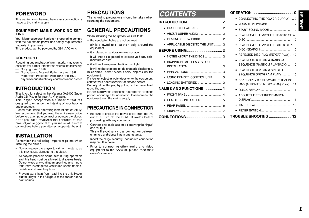 Marantz SA8400 manual Contents 