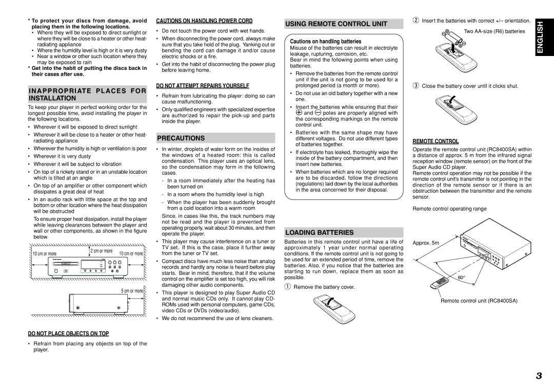 Marantz SA8400 manual Inappropriate Places for Installation, Precautions, Using Remote Control Unit, Loading Batteries 