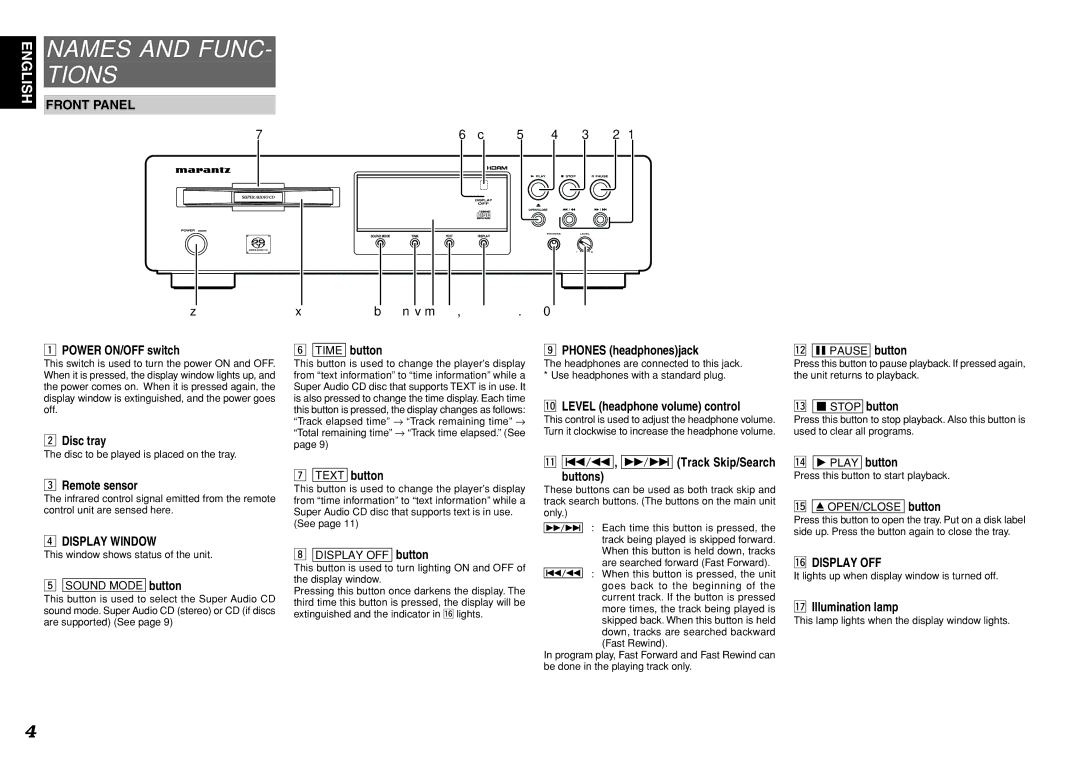 Marantz SA8400 manual Names and FUNC⁄7 Tions, Front Panel 