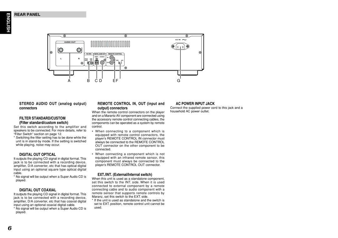 Marantz SA8400 manual Rear Panel, Stereo Audio OUT analog output connectors, Filter standard/custom switch 