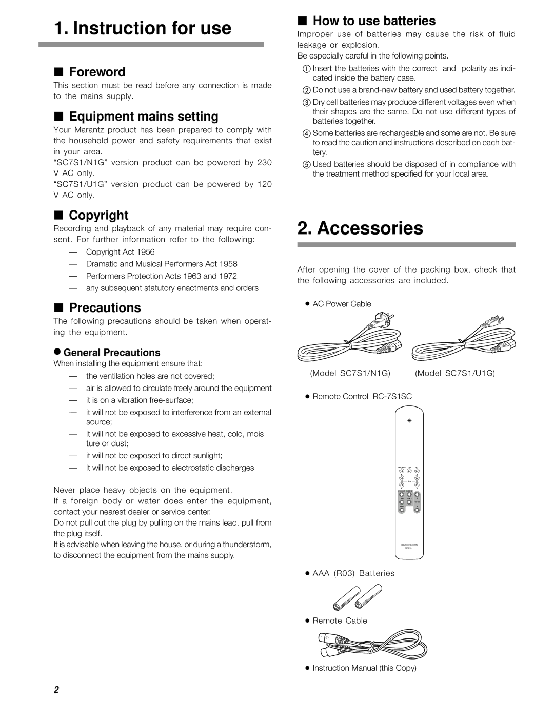 Marantz SC-7S1 manual Instruction for use, Accessories 