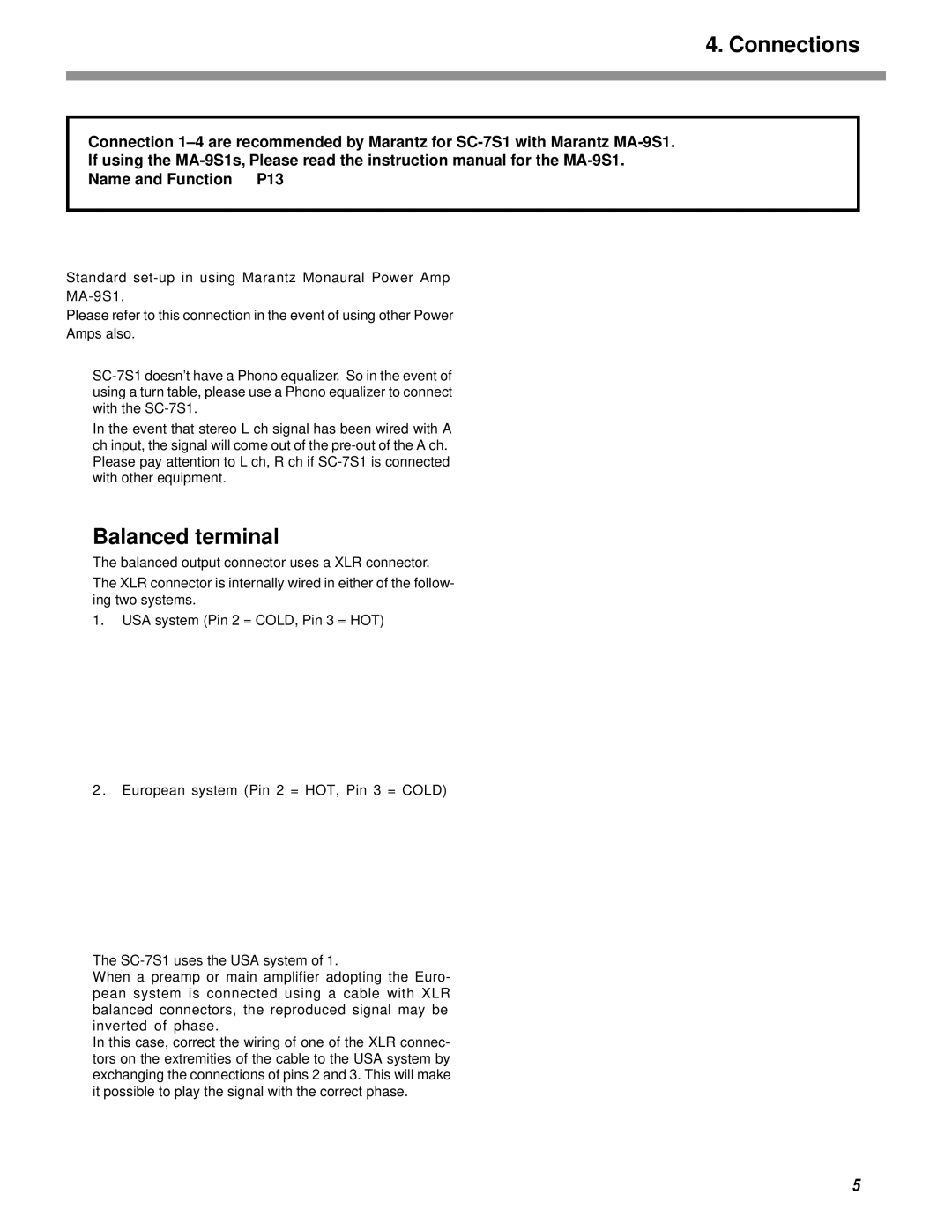 Marantz SC-7S1 manual Connections, Balanced terminal 