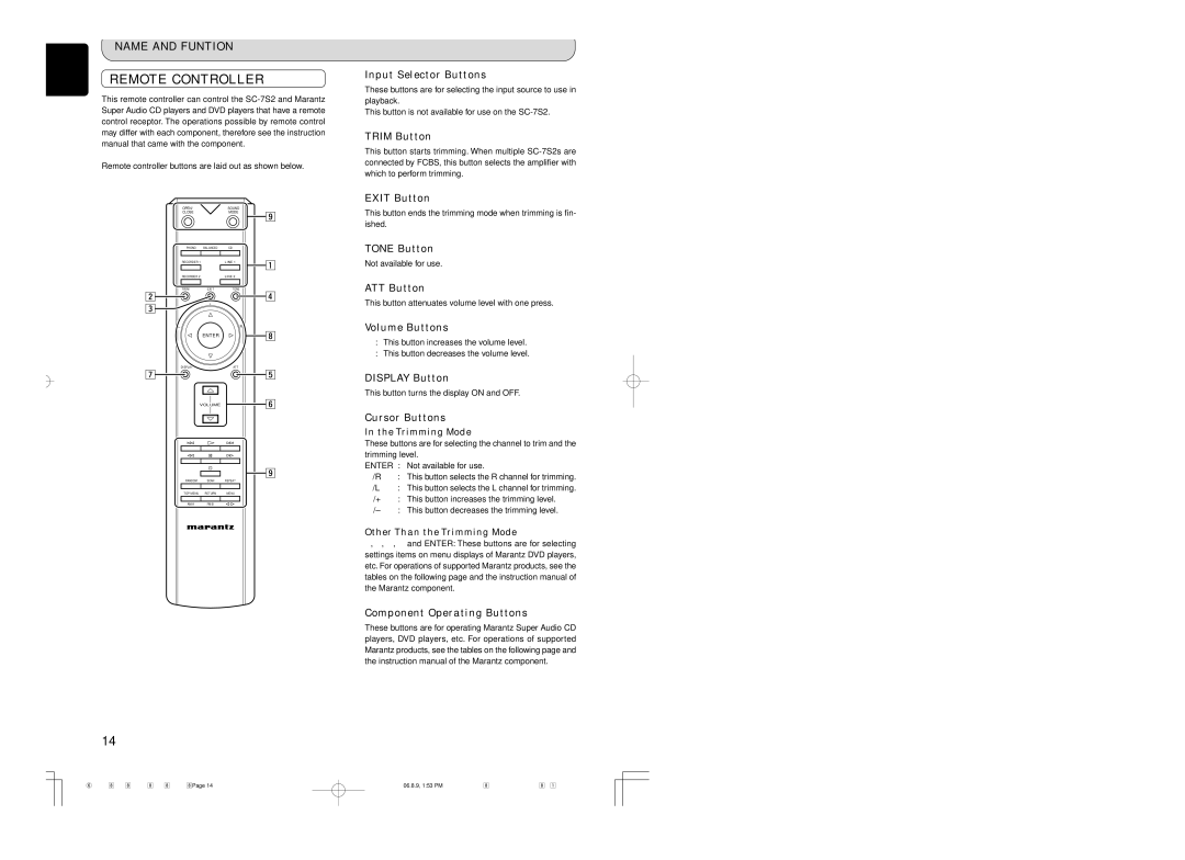 Marantz SC-7S2 manual Remote Controller, Other Than the Trimming Mode 