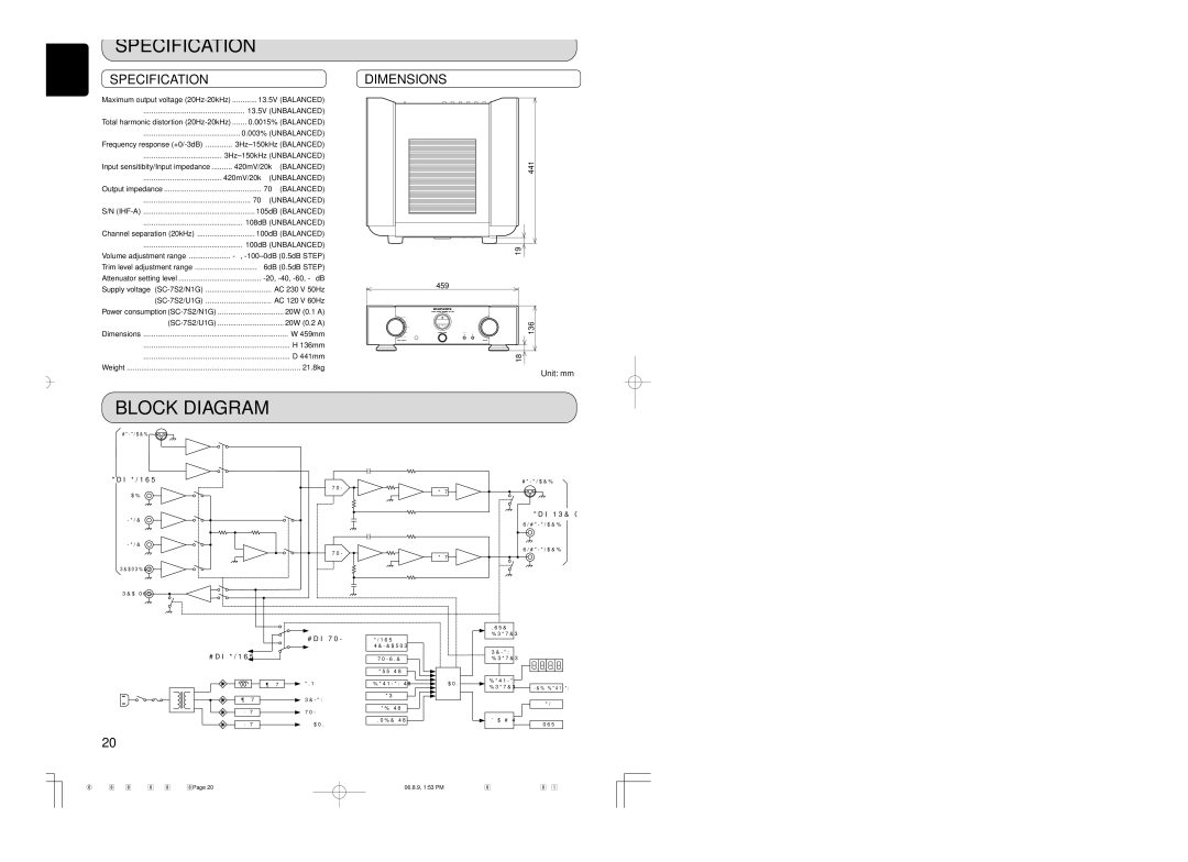 Marantz SC-7S2 manual Specification, Block Diagram, Dimensions 