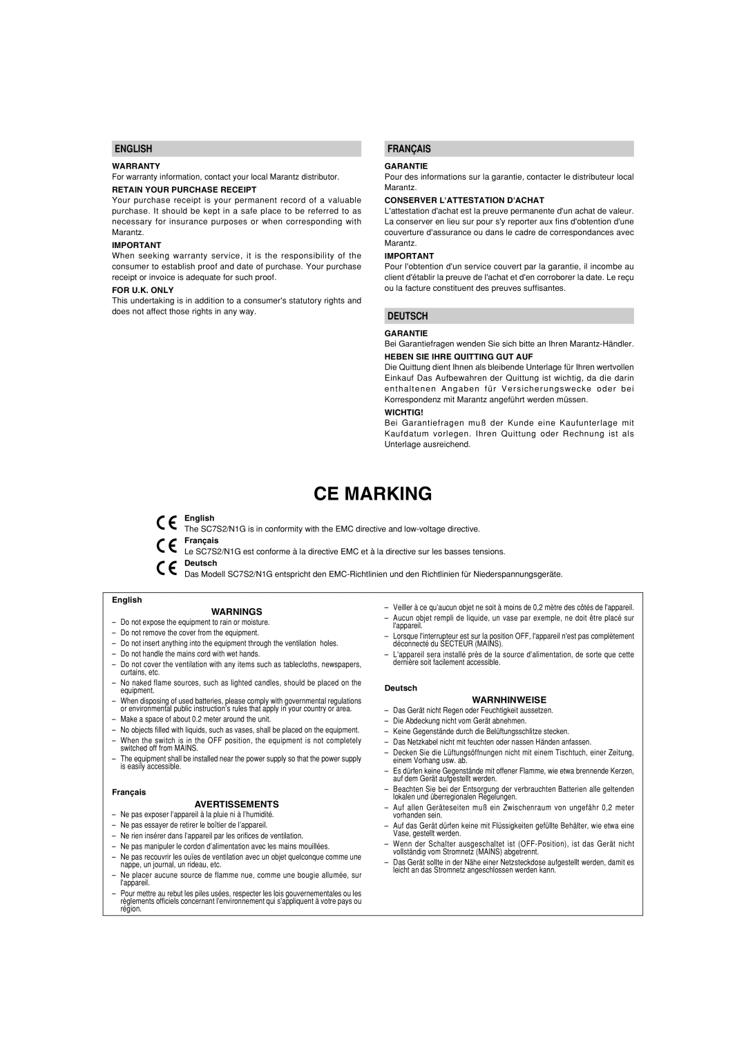 Marantz SC-7S2 manual CE Marking 