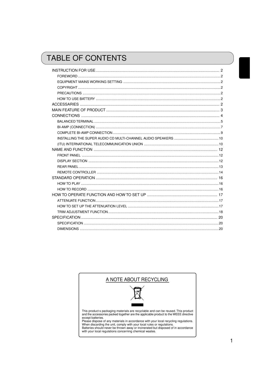 Marantz SC-7S2 manual Table of Contents 