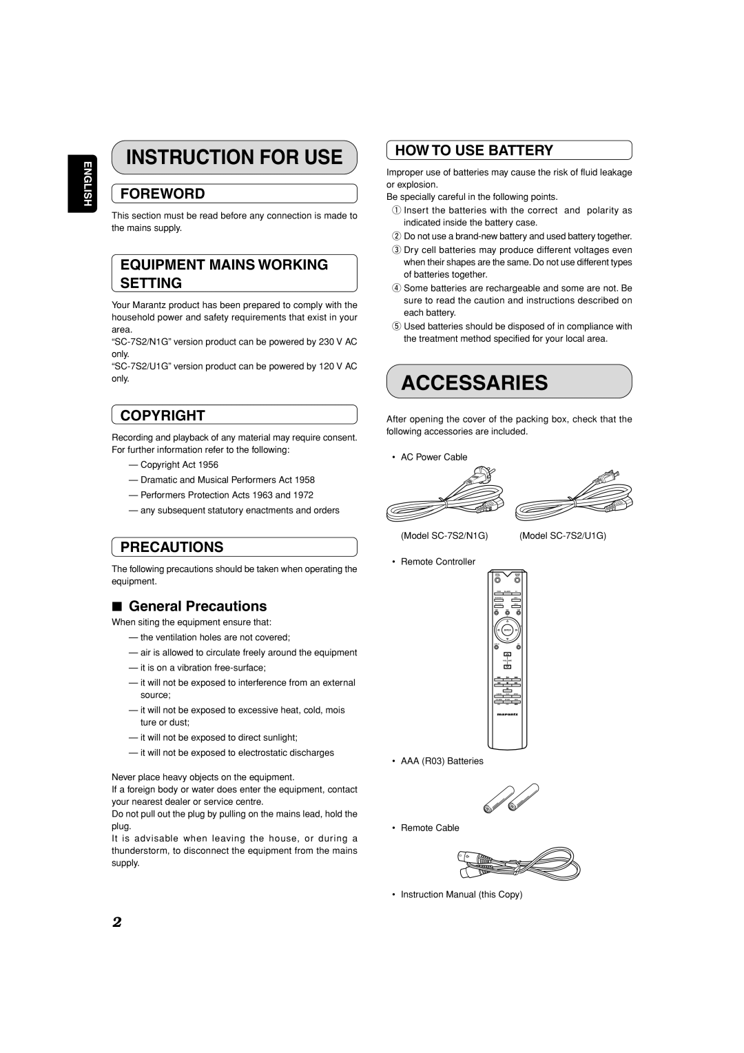 Marantz SC-7S2 manual Instruction for USE, Accessaries 