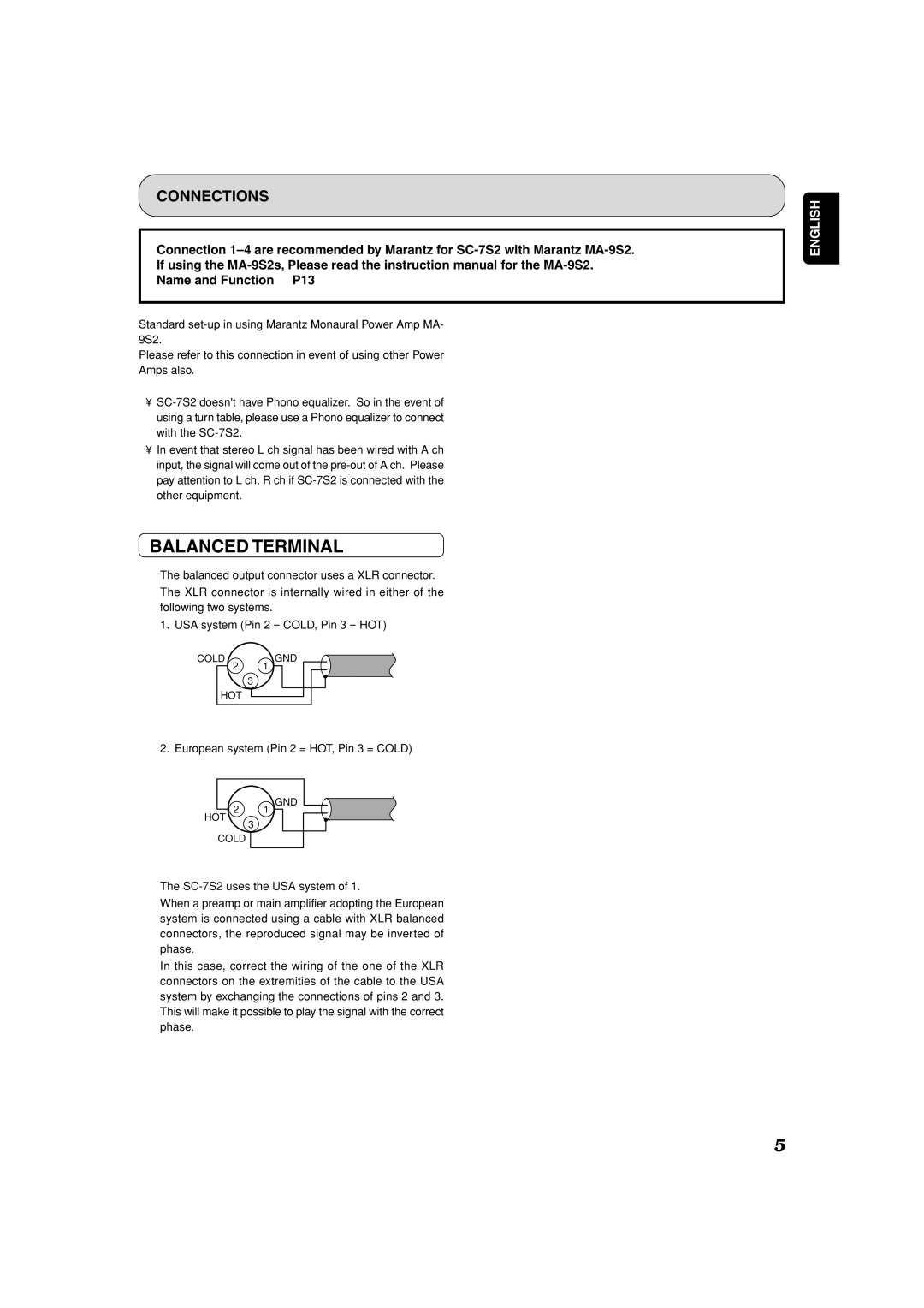 Marantz SC-7S2 manual Balanced Terminal, Name and Function P13 