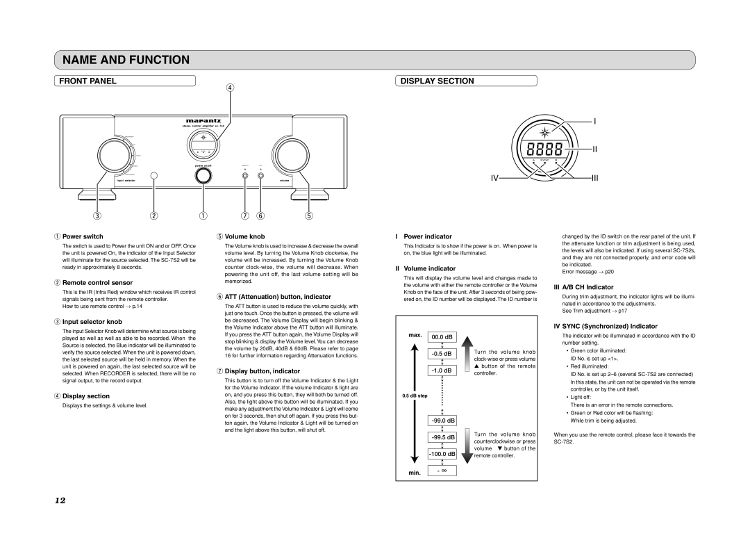 Marantz SC-7S2 Name And Function, Front Panel, Display Section, qPower switch, wRemote control sensor, tVolume knob, I 