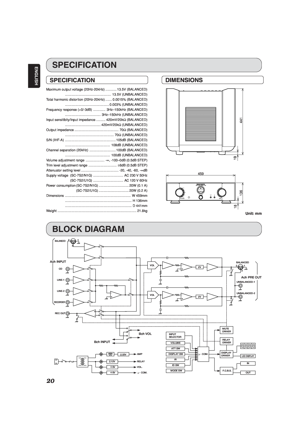 Marantz SC-7S2 manual Specification, Block Diagram, Dimensions, English 