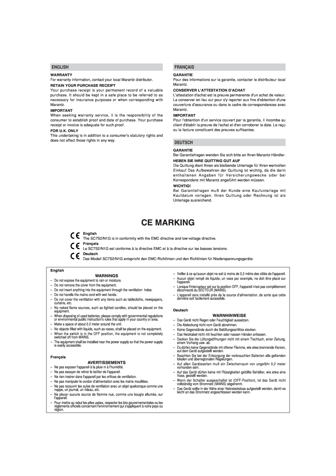 Marantz SC-7S2 manual Ce Marking, English, Français, Deutsch 