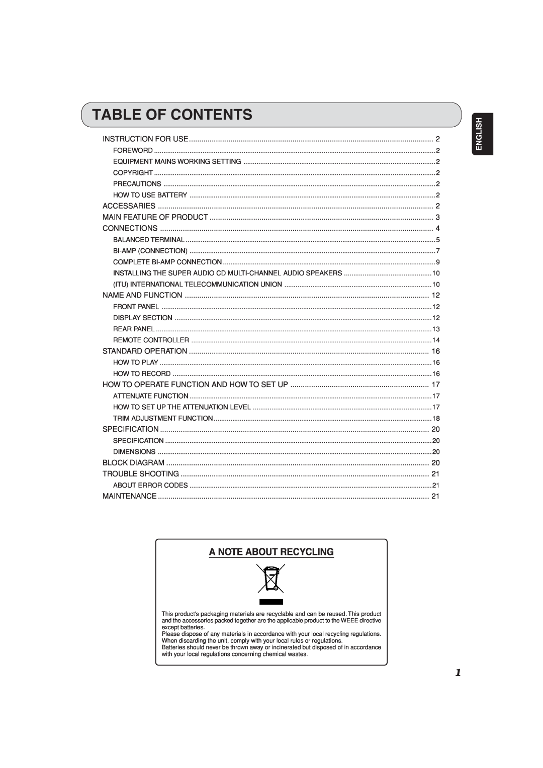 Marantz SC-7S2 manual Table Of Contents, A Note About Recycling, English 
