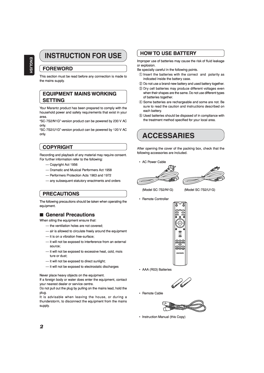 Marantz SC-7S2 manual Instruction For Use, Accessaries, Foreword, Equipment Mains Working Setting, Copyright, Precautions 