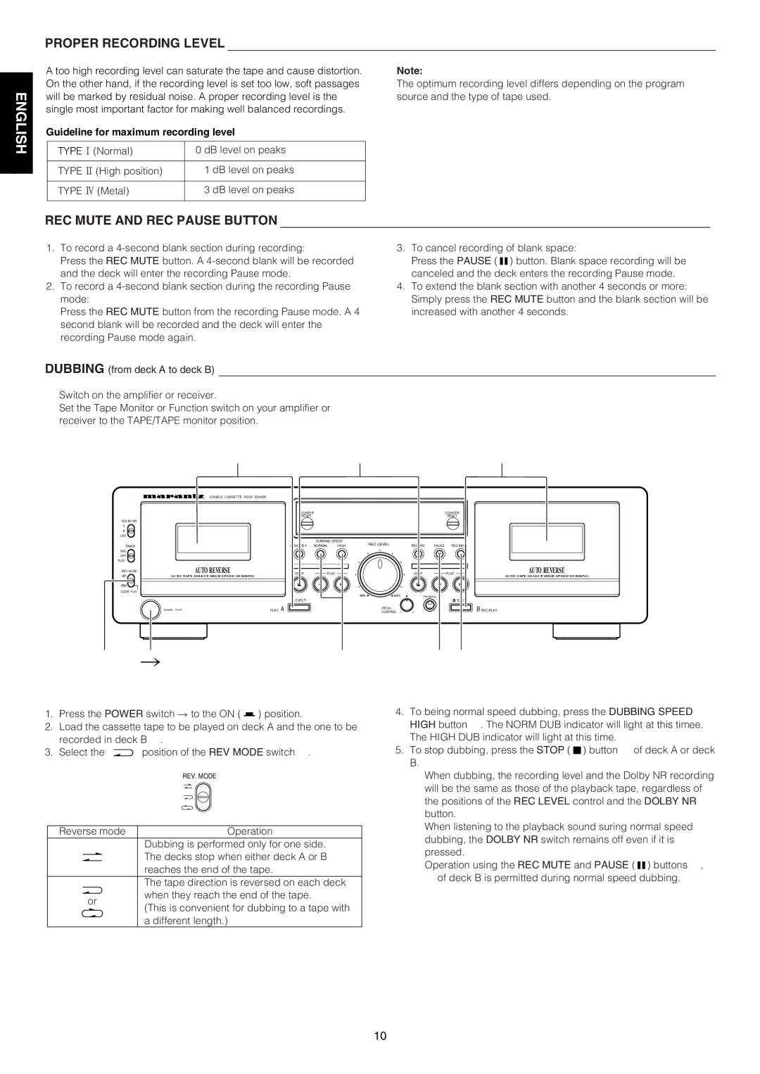 Marantz SD4050 manual English Franç, Ais, Proper Recording Level, REC Mute and REC Pause Button 