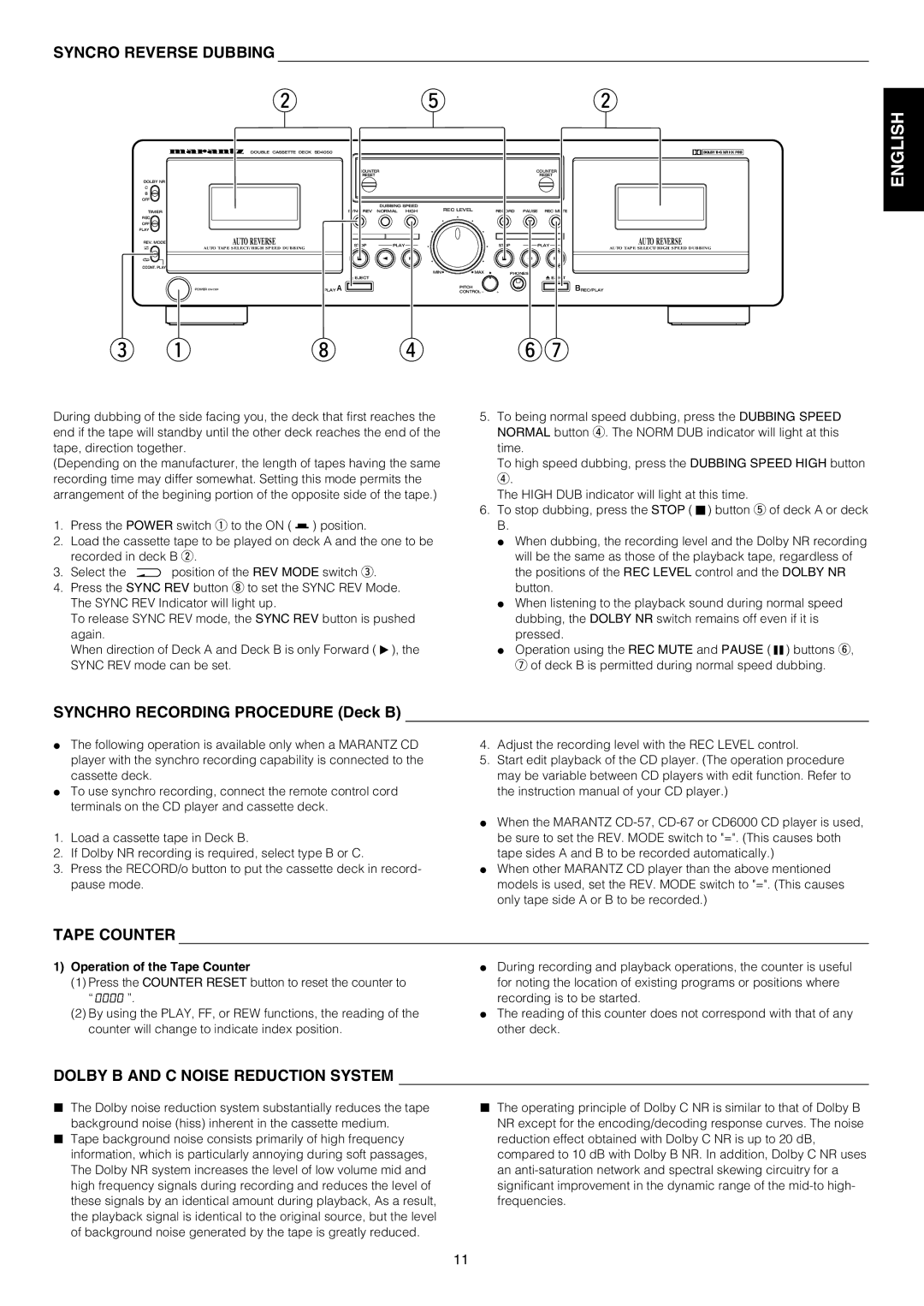 Marantz SD4050 manual Syncro Reverse Dubbing, Dolby B and C Noise Reduction System, Operation of the Tape Counter 