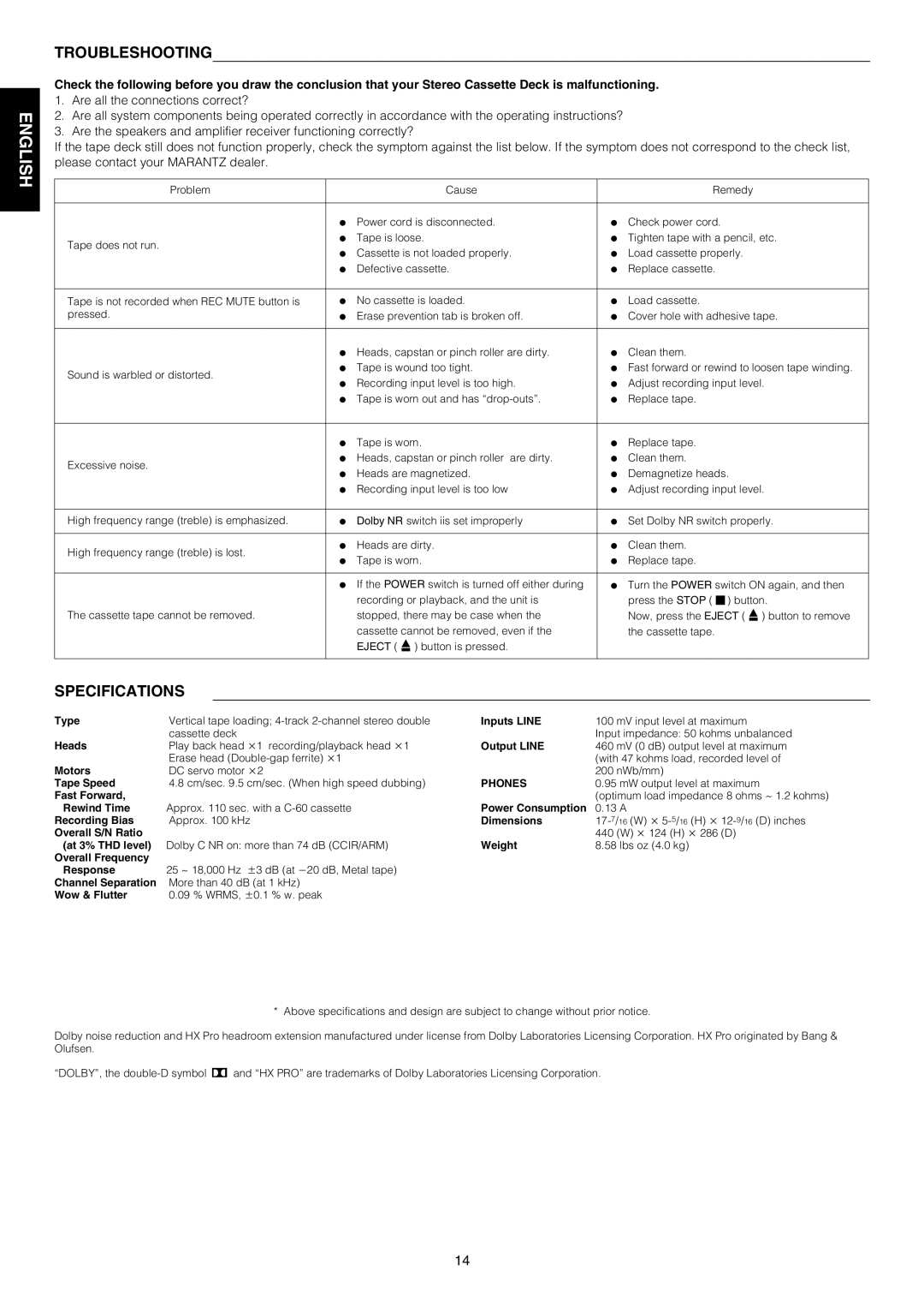 Marantz SD4050 manual Troubleshooting, Specifications 