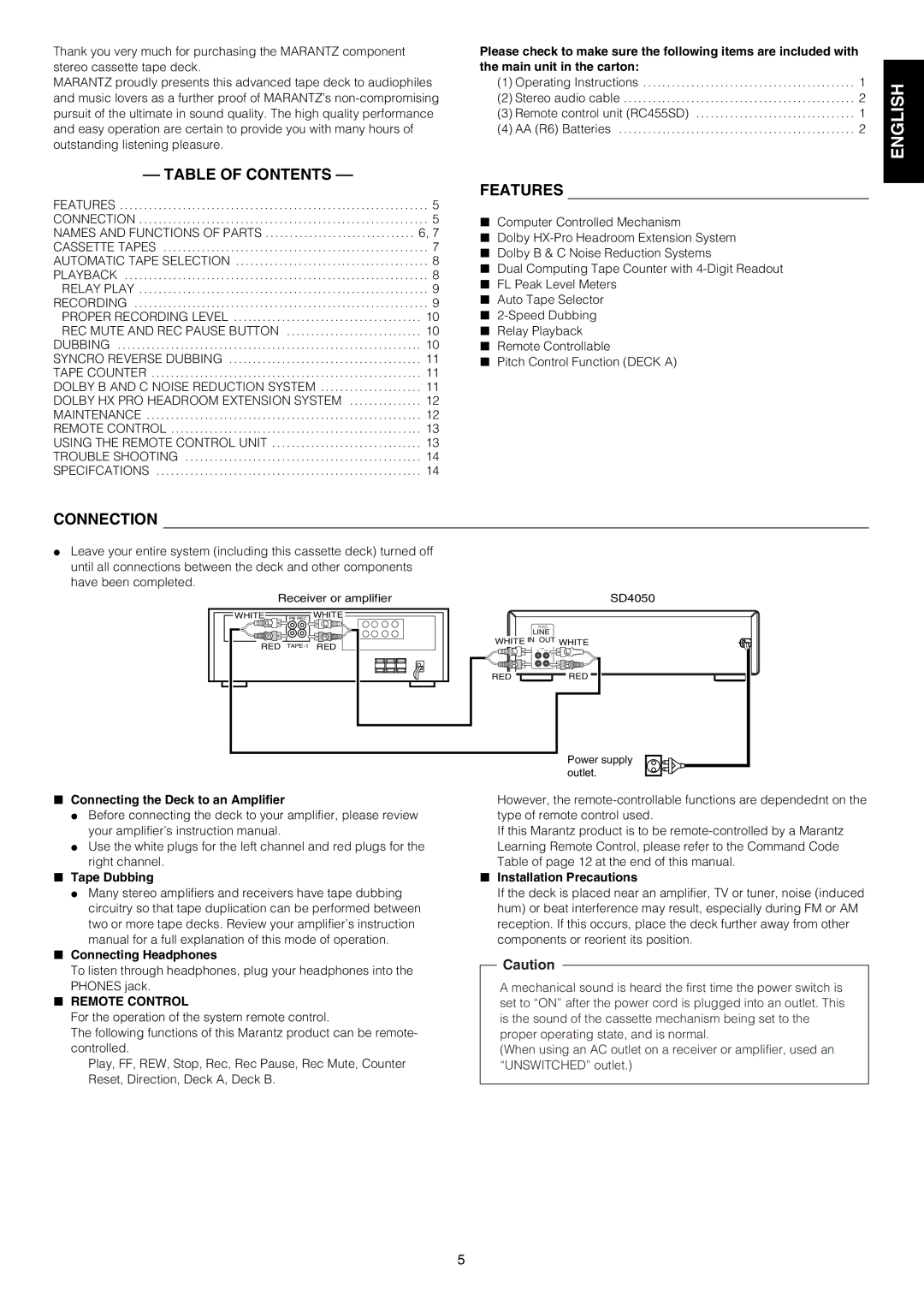 Marantz SD4050 manual Français English, Table of Contents, Features, Connection 