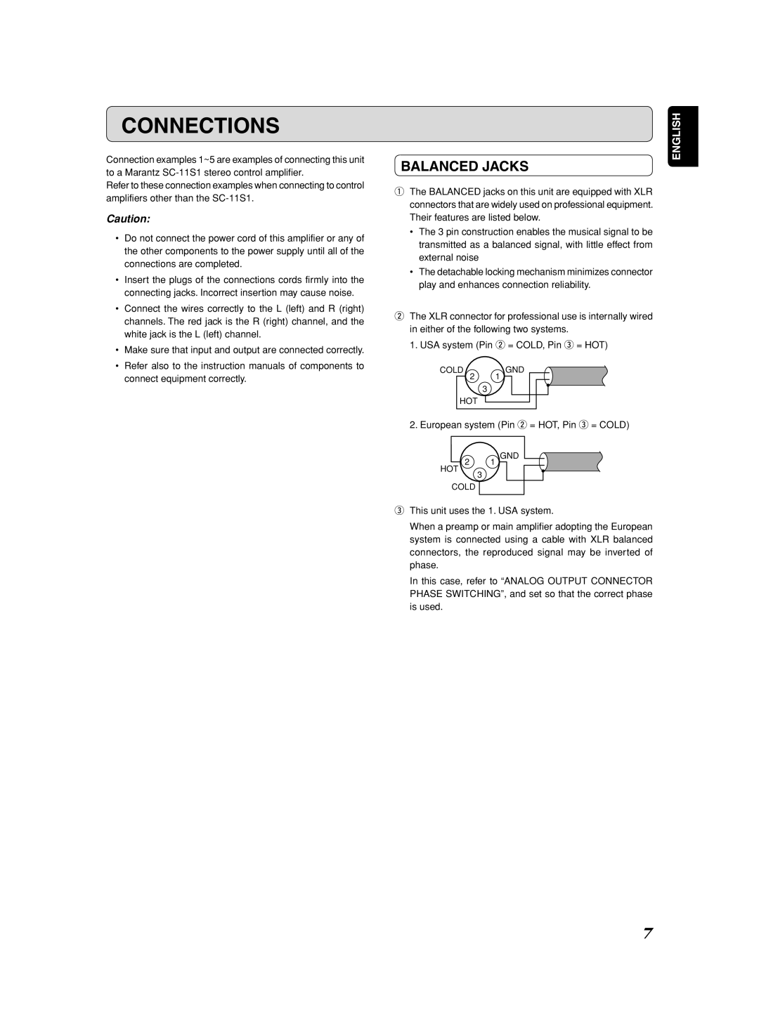 Marantz SM-1151 manual Connections, Balanced Jacks 