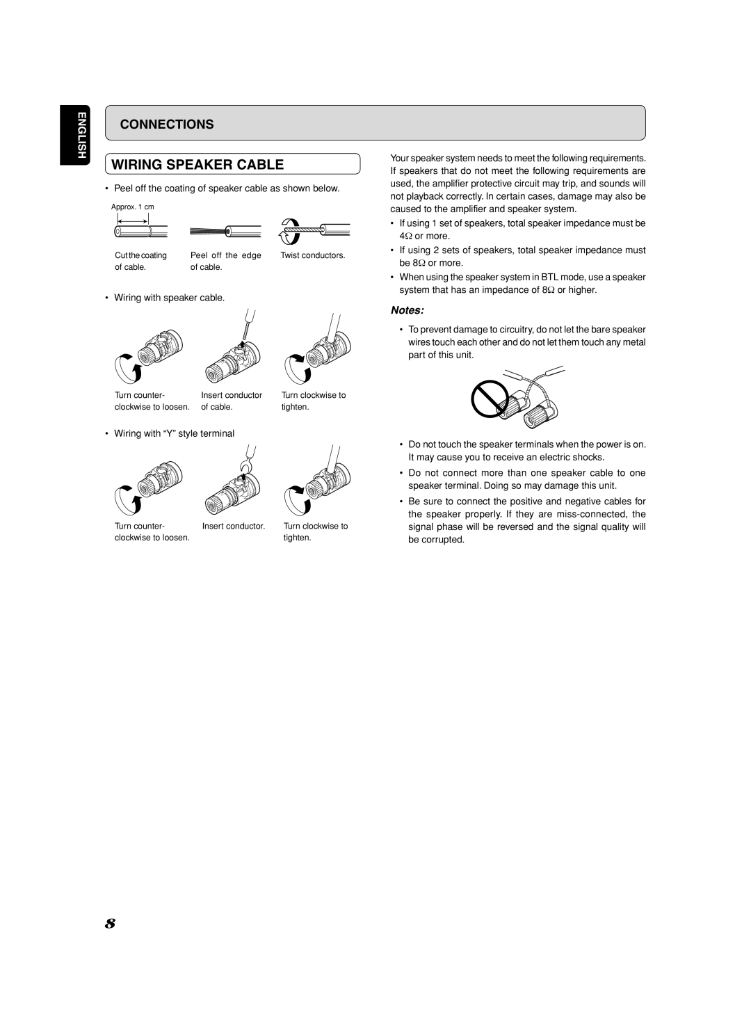 Marantz SM-1151 manual Wiring Speaker Cable, Wiring with Y style terminal 