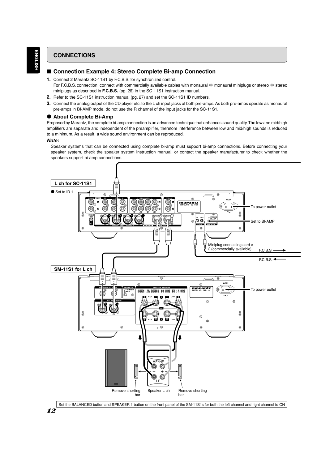 Marantz SM-1151 manual Connection Example 4 Stereo Complete Bi-amp Connection, ¶ About Complete Bi-Amp, Ch for SC-11S1 