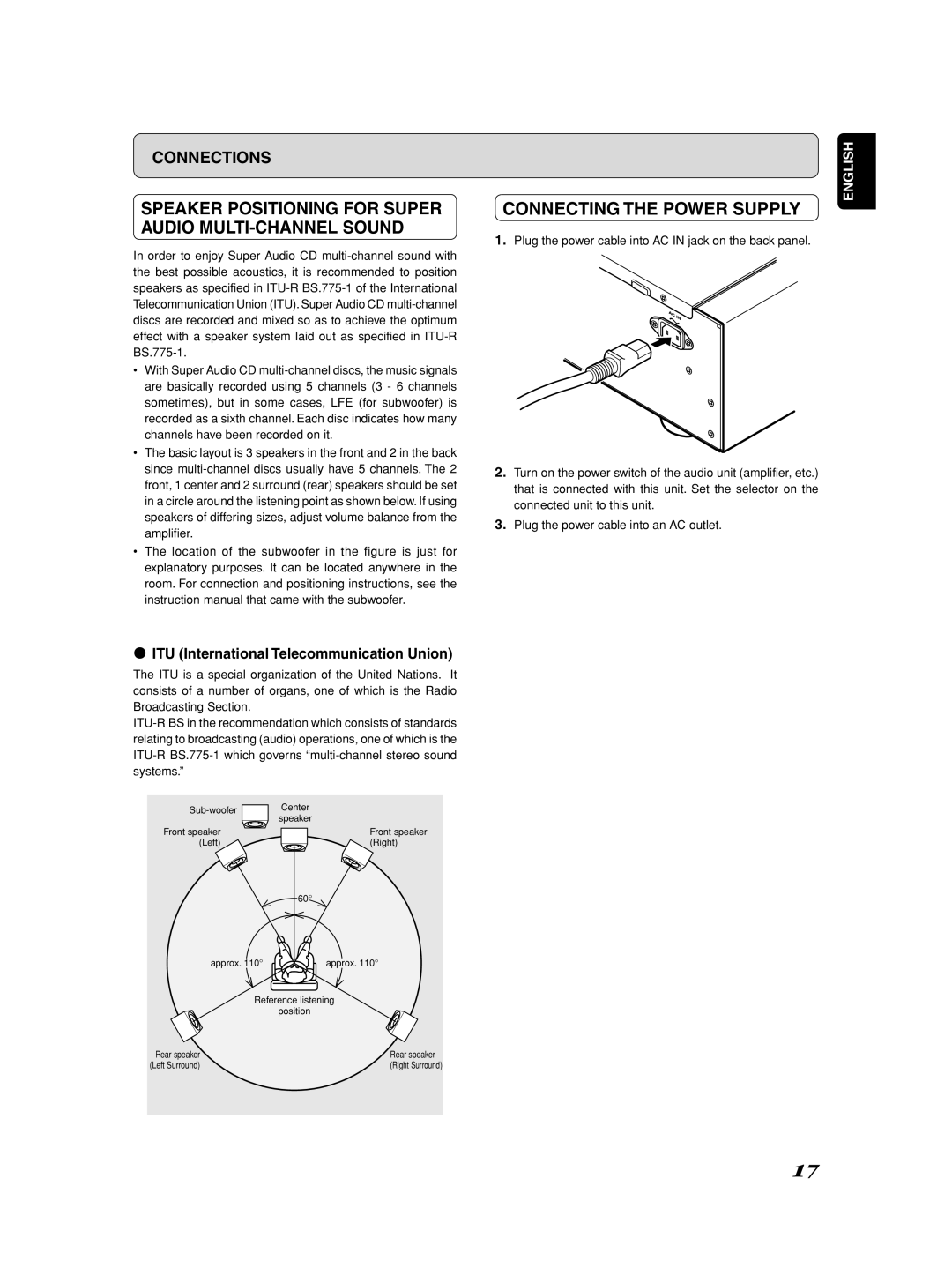 Marantz SM-1151 manual Speaker Positioning for Super Audio MULTI-CHANNEL Sound, Connecting the Power Supply 