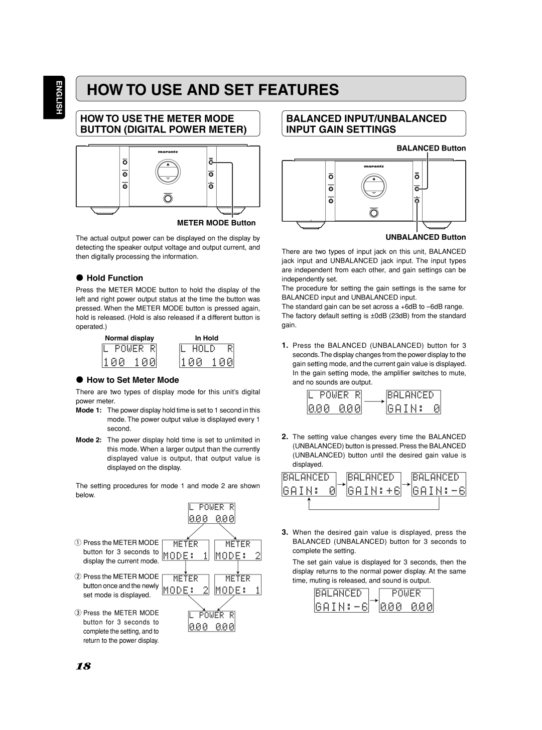 Marantz SM-1151 manual HOW to USE and SET Features, HOW to USE the Meter Mode Button Digital Power Meter, ¶ Hold Function 