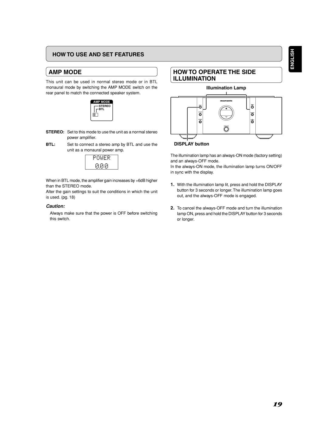 Marantz SM-1151 manual AMP Mode, HOW to Operate the Side Illumination, Illumination Lamp, Display button 