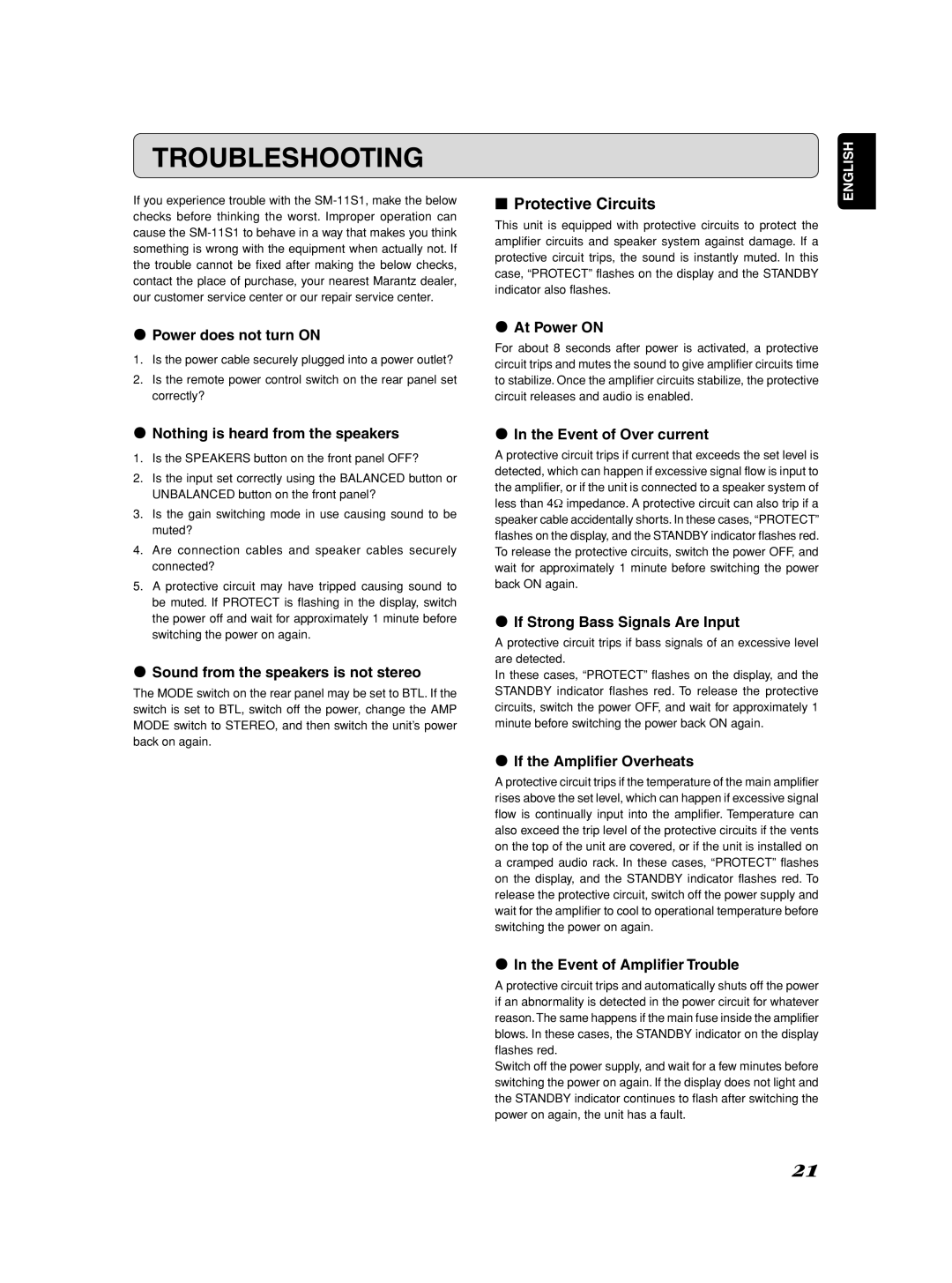 Marantz SM-1151 manual Troubleshooting, Protective Circuits 