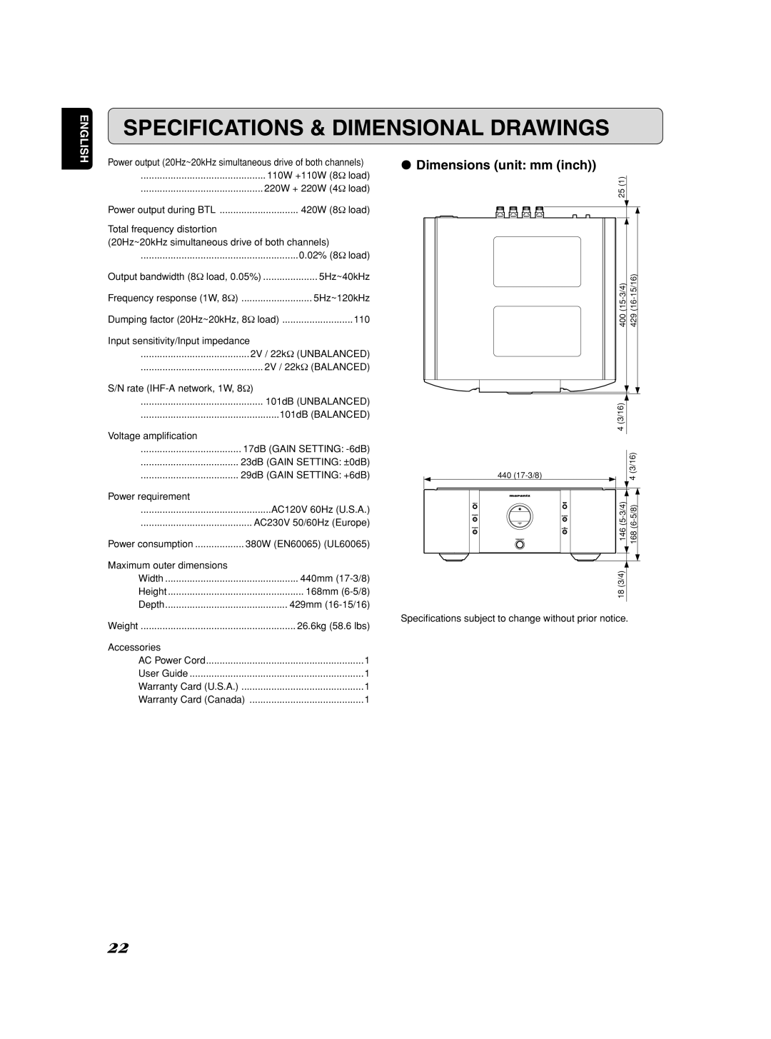 Marantz SM-1151 manual Specifications & Dimensional Drawings, ¶ Dimensions unit mm inch 