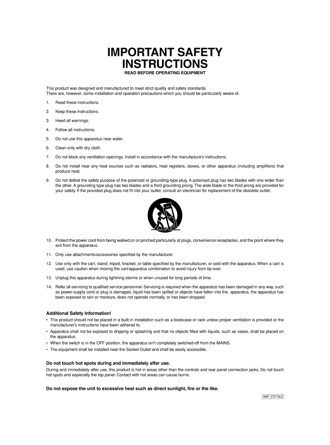 Marantz SM-1151 manual Additional Safety Information, Do not touch hot spots during and immediately after use 