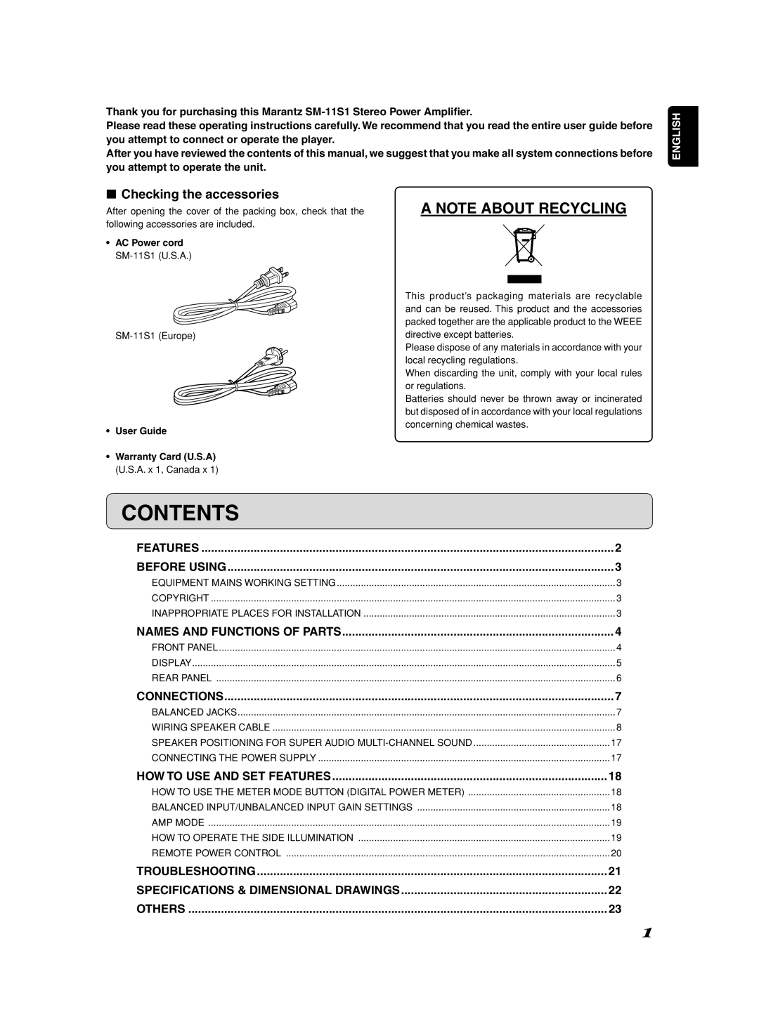 Marantz SM-1151 manual Contents 