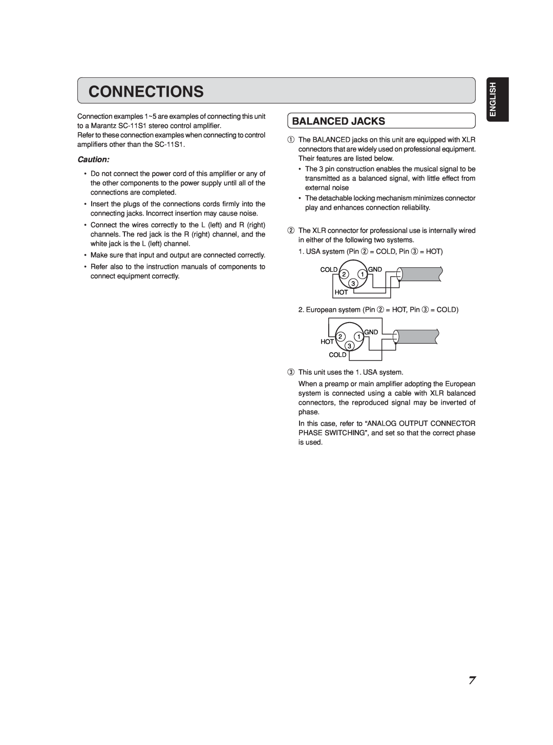 Marantz SM-1151 manual Connections, Balanced Jacks, English 