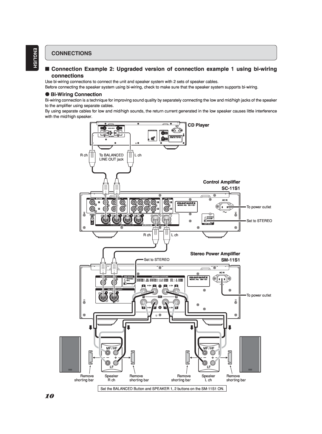 Marantz SM-1151 connections, ¶Bi-WiringConnection, Stereo Power Ampliﬁer, SM-11S1, Connections, English, Control Ampliﬁer 