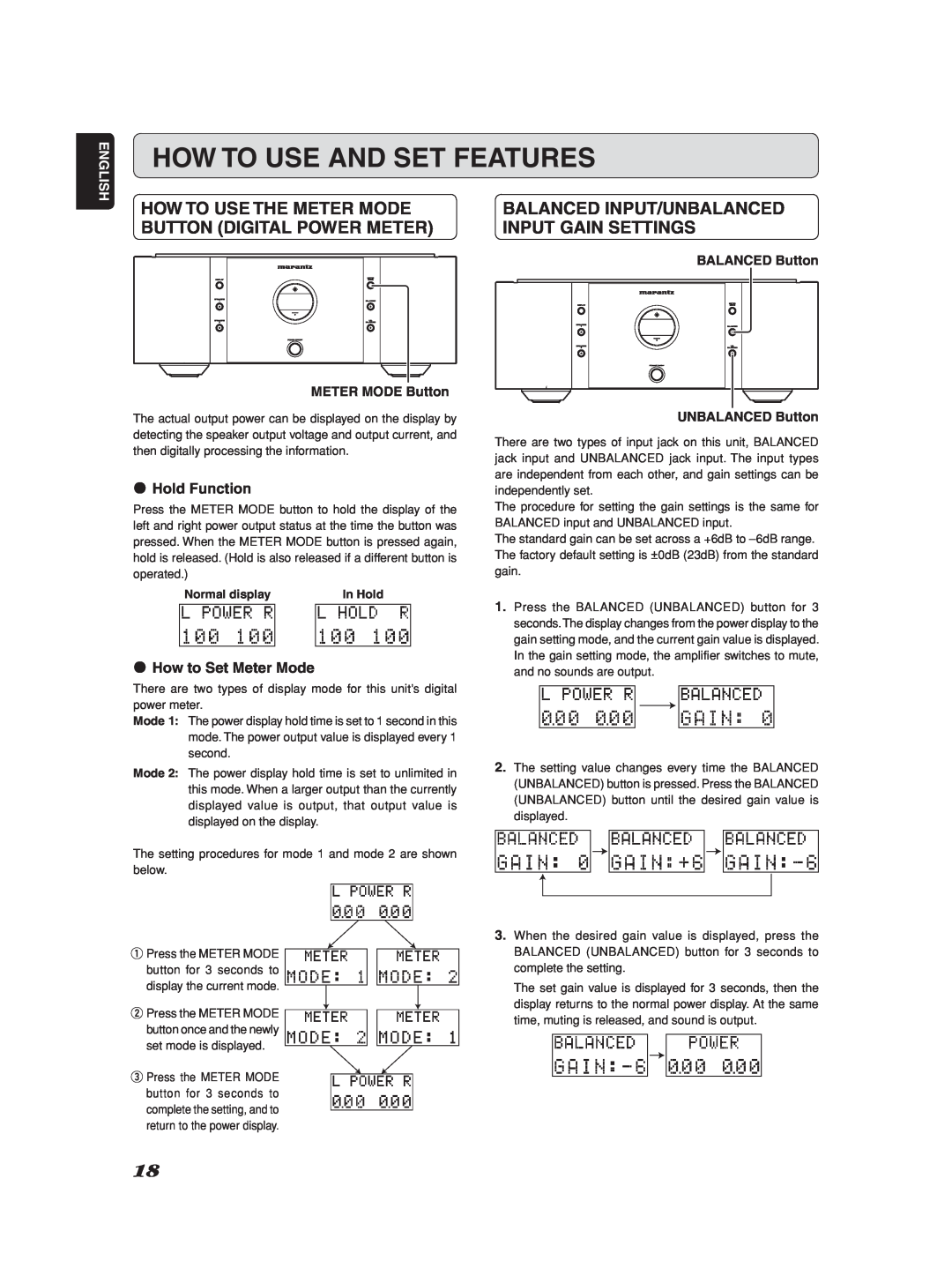 Marantz SM-1151 manual How To Use And Set Features, Balanced Input/Unbalanced Input Gain Settings, ¶Hold Function, English 