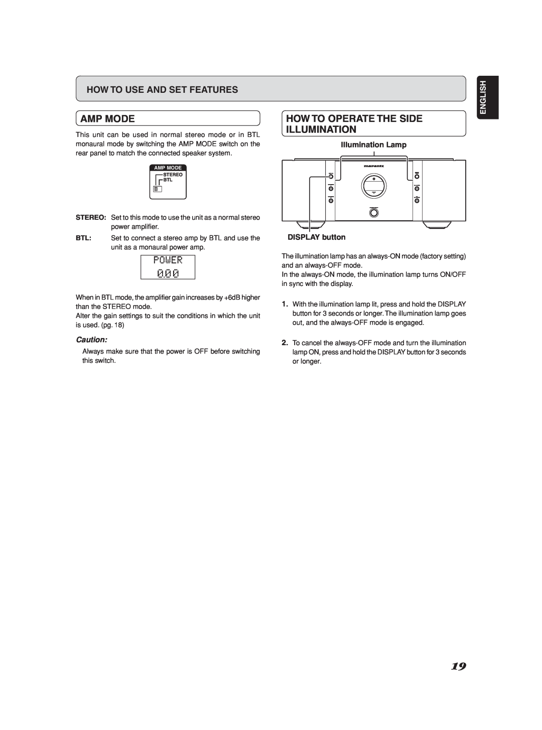 Marantz SM-1151 manual Amp Mode, How To Operate The Side Illumination, How To Use And Set Features, English 