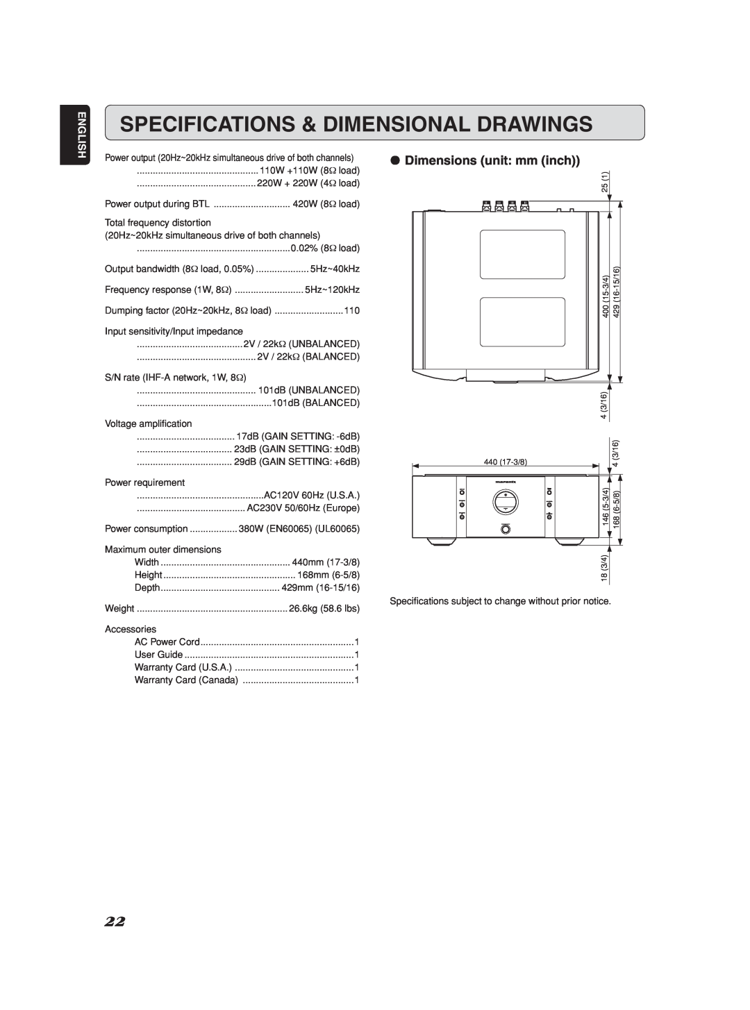 Marantz SM-1151 manual Specifications & Dimensional Drawings, ¶Dimensions unit mm inch, English 
