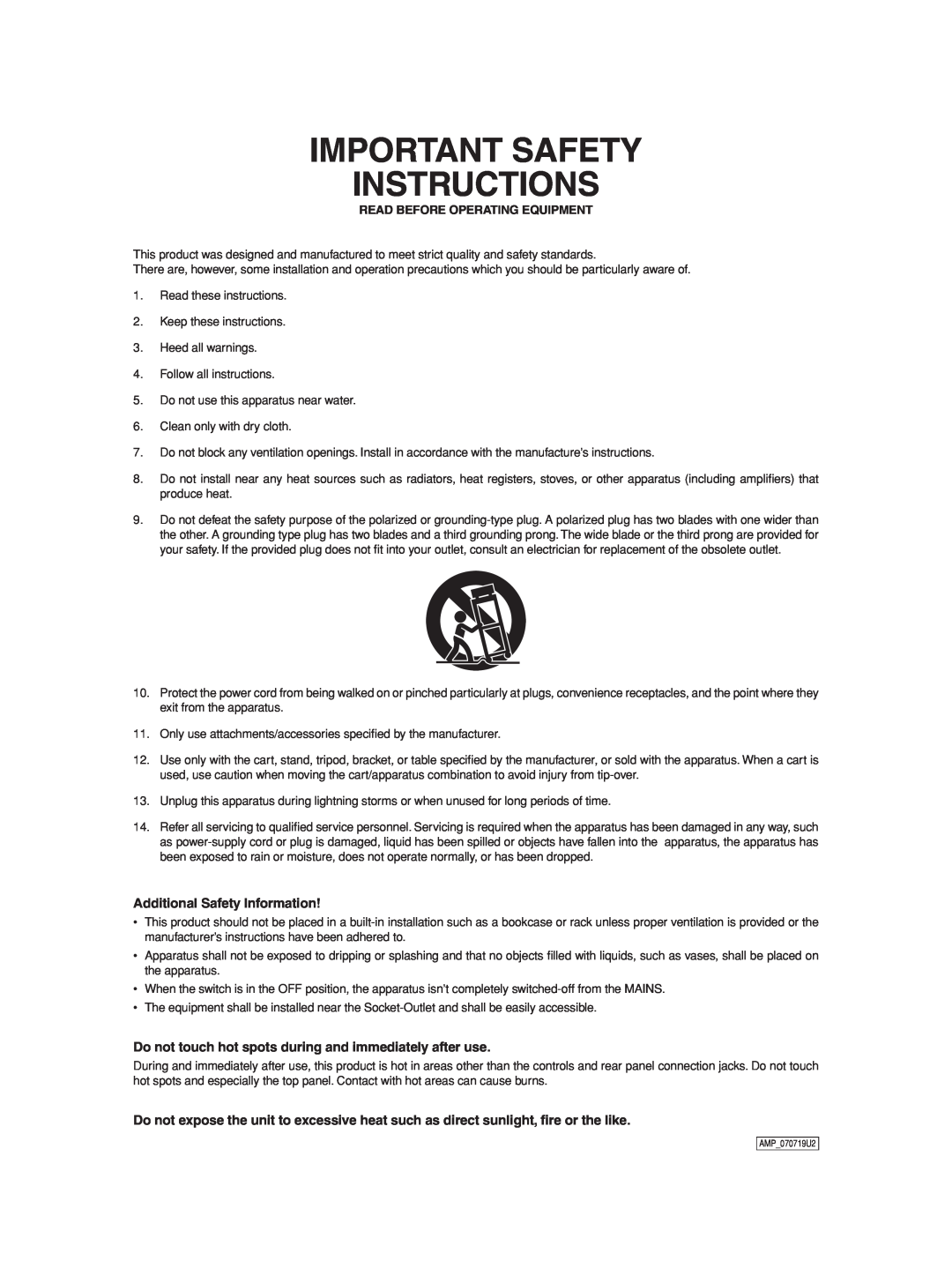 Marantz SM-1151 manual Important Safety Instructions 