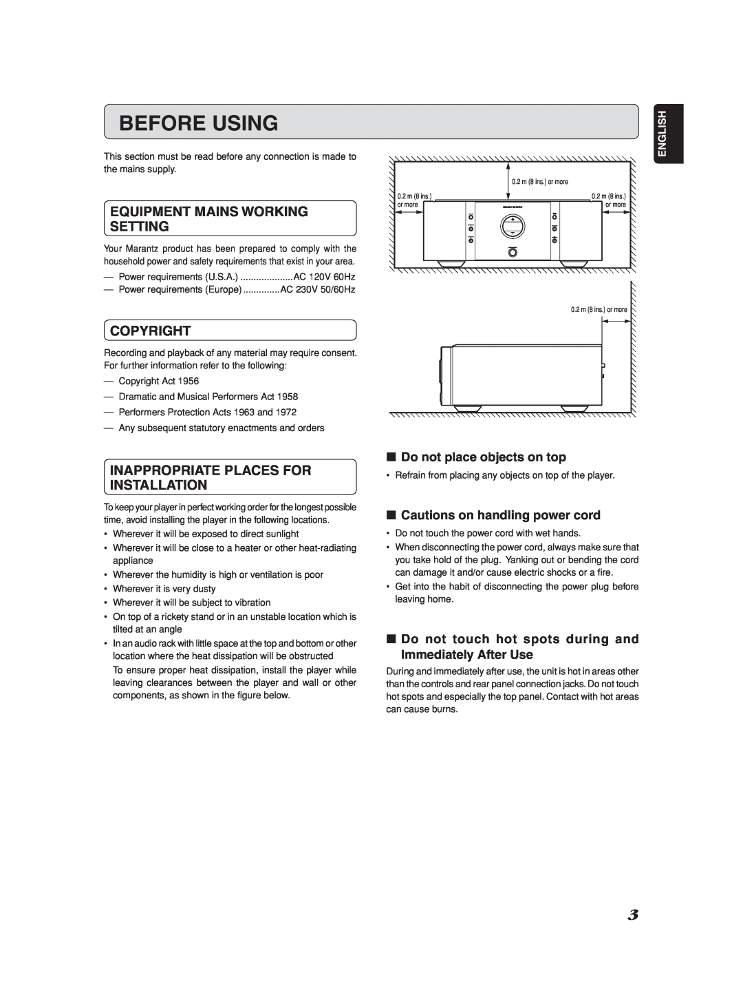 Marantz SM-1151 Before Using, Equipment Mains Working Setting, Copyright, Inappropriate Places For Installation, English 