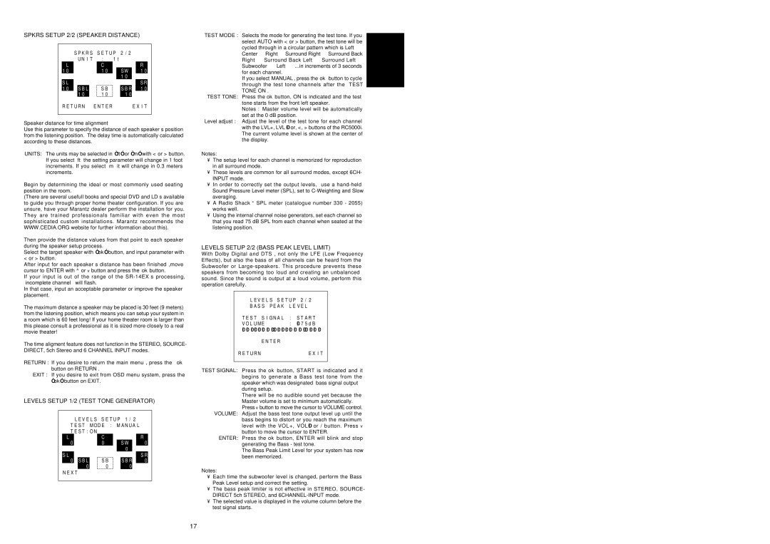 Marantz SR-14EX manual Spkrs Setup 2/2 Speaker Distance, Levels Setup 1/2 Test Tone Generator, L U M E, T E R T U R N I T 